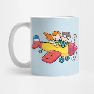 children fly in a yellow plane and take photos Mug